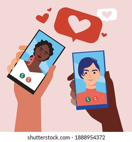 Multicultural couple, internet dating. Flat vector stock illustration. Afro woman, European man. Phone in hand. Online flirting. Concept of online dating, romance, internet love