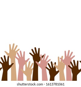 Multicultural crowd of people with hands up, teamwork of multinational team, horizontal seamless pattern