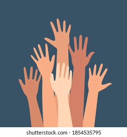 Multicultural crowd of people with hands up, teamwork of multinational team. Teamwork, friendship, unity, help, volunteering concept. Vector illustration.