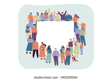 Multicultural crowd of people standing around blank banner flat vector illustration. Cartoon different characters standing together. Community and society concept
