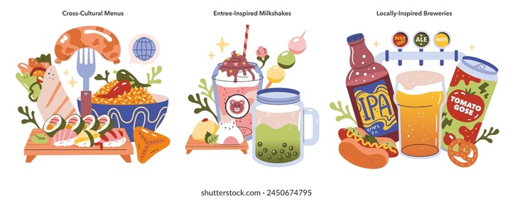 Multicultural Cuisine set. A collection of diverse food and drinks from different cultures. Sushi, pasta, unique milkshakes, and craft beers. Vector illustration.