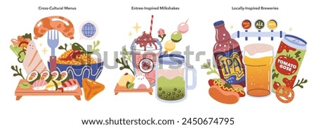 Multicultural Cuisine set. A collection of diverse food and drinks from different cultures. Sushi, pasta, unique milkshakes, and craft beers. Vector illustration.