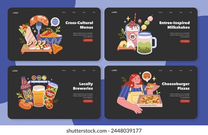 Multicultural Cuisine set. Illustrates diverse food options blending traditions. Tacos, milkshakes, beer, cheeseburger pizza themes. Vector illustration.