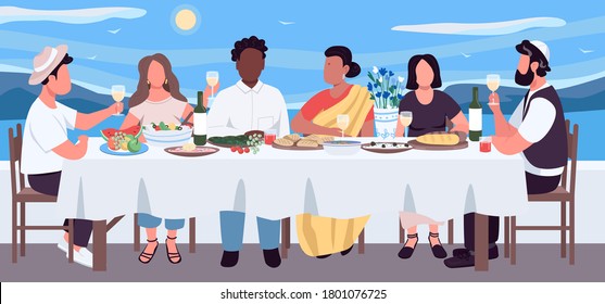 Multicultural dinner flat color vector illustration. Friends eat food on holiday for recreation. Cultural diversity at banquet table. Multiethnic 2D cartoon characters with seascape on background