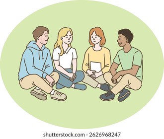Estudiantes universitarios multiculturales y diversos sentados en el césped, hablando y discutiendo, tomando un descanso. Ilustración de diseño de Vector de estilo dibujado a mano