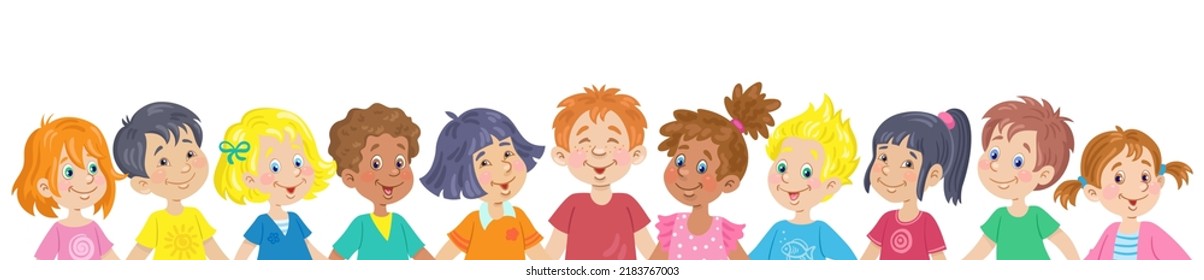 Multicultural diverse group of happy children. Kids with different skin and hair colors together. Banner in cartoon style. Isolated on white background. Vector illustration.