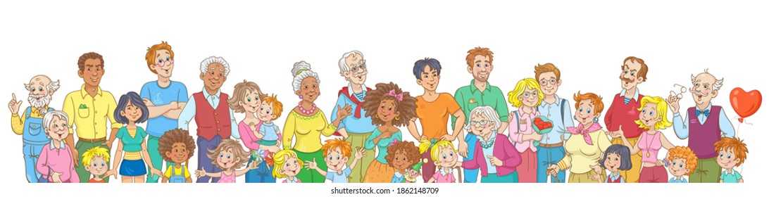 Multicultural diverse group of happy people.  Different ages and nationalities men, women and children standing together. Banner in cartoon style. Isolated on white background. Vector illustration.