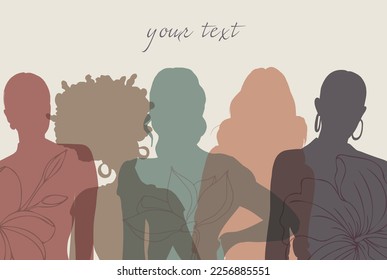 Multicultural diversity women and girls - portrait front view silhouette. Women's day. Female social community of diverse culture. Equality. Colleagues. Empowerment or inclusion. Banner