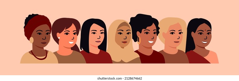 Multicultural diversity women of various races and nationalities. Women of different ethnicity. Design elements for International Women's Day, 8th of March. Vector illustrations in flat style.