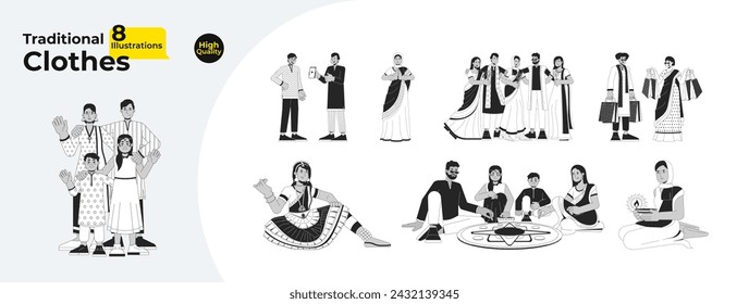 Multicultural diwali people black and white cartoon flat illustration bundle. Ethnic wear indian 2D lineart characters isolated. Hindu deepawali festival monochrome vector outline image collection