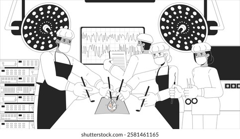 Multicultural doctors performing surgery black and white line illustration. Scrubs surgeons operating together with scalpels 2D characters monochrome. Surgical procedure outline vector image