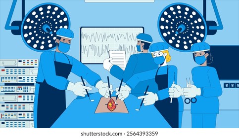 Multicultural doctors performing surgery flat illustration. Scrubs surgeons operating together with scalpels 2D characters cartoon background. Surgical procedure scene vector storytelling image