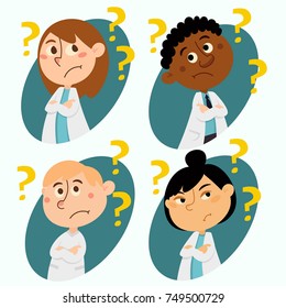 Multicultural Doctors who feel the question. Avatar, sticker, card, icon, label