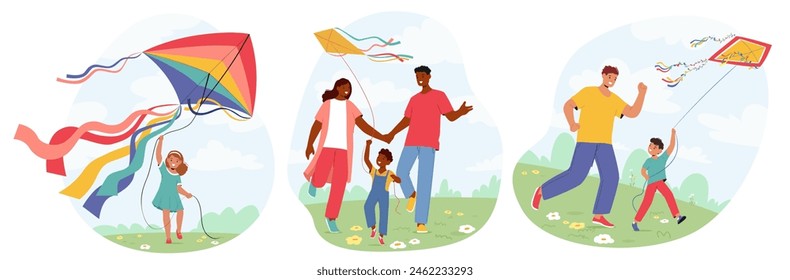 Familias Multiculturales Participan Alegremente En El Vuelo De Cometas En Un Exuberante Parque. Cada Escena Capta La Alegría Y La Experiencia De Vinculación De Padres E Hijos. Una Vibrante Y Juguetona Ilustración vectorial De Dibujos Animados