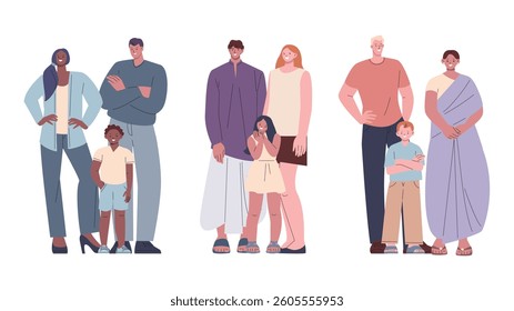 Multicultural families. Happy parents with children, african asian european characters. People in traditional outfits, international relationship vector set