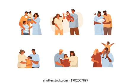 Multicultural Families Spending Time Together. Mother, Father and  Kids Hugging and Smiling to Each Other. Happy Parents having Fun with their Daughters and Sons. Flat Cartoon Vector Illustration.
