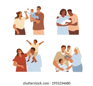 Multicultural Families Spending Time Together. Mother, Father and  Kids Hugging and Smiling to Each Other. Happy Parents having Fun with their Daughters and Sons. Flat Cartoon Vector Illustration.