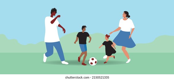 Multicultural family with children plays football in park. Flat vector stock illustration. Sports family in nature. Active leisure with children. African ded