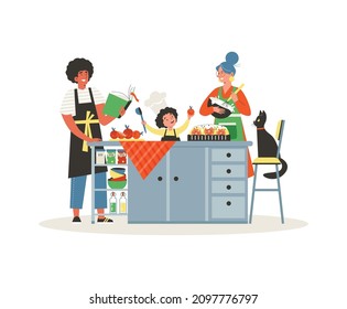 Multicultural family cook dinner at the kitchen, cartoon flat vector illustration. Mom, Dad and son or daughter and their black pet cat prepare vegetable meal and citrus cake together.