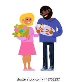 Multicultural Family. Happy Parents With New Born Baby. Cartoon Vector Illustration.