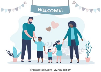 Multicultural family on white background. Three children, two parents. Happy multi ethnic family. Parents love. Traditional family. Adopted children find family. Love couple with adopted kids. vector