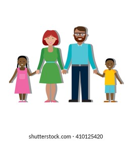 Multicultural family on white background.  Two children. Boy and girl. Two parents. Happy family. Parents love. Traditional family.