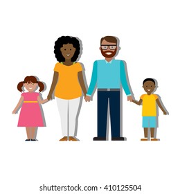 Multicultural family on white background.Two children. Boy and girl. Two parents. Happy family. Parents love. Traditional family.Adopted child. Find a home.