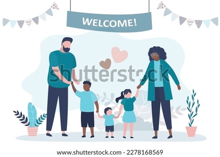 Multicultural family on white background. Three children, two parents. Happy multi ethnic family. Parents love. Traditional family. Adopted children find family. Love couple with adopted kids. vector