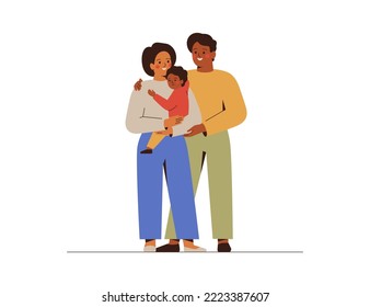 Multicultural Family With One Child. Young Couple Embrace Their Baby Boy. Man And Woman Hug Their Toddler With Love And Care. Adoption And Parenthood Concept. Vector Illustration