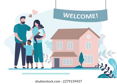 Familia multicultural cerca de una casa grande. Padres con dos hijos. Feliz familia multiétnica. Los padres aman. Los niños adoptados encuentran familia, dan la bienvenida a sus hogares. Amar a la pareja con niños adoptados. vector 