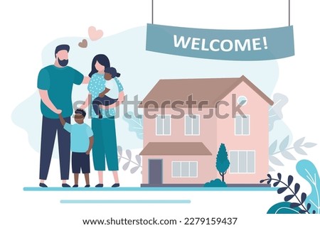 Multicultural family standing near big house. Parents with two children. Happy multi ethnic family. Parents love. Adopted children find family, welcome home. Love couple with adopted kids. vector 