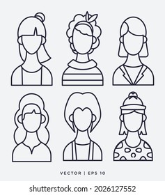 multicultural female avatars icon set. People, linear design. Collection of different icons. Line with editable stroke