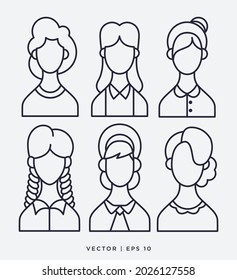 conjunto de ícono de avatares femeninos multiculturales. Gente, diseño lineal. Colección de iconos diferentes. Línea con trazo editable