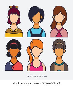 Multicultural female avatars icon set style fill stroke. People design. Collection of different icons.
