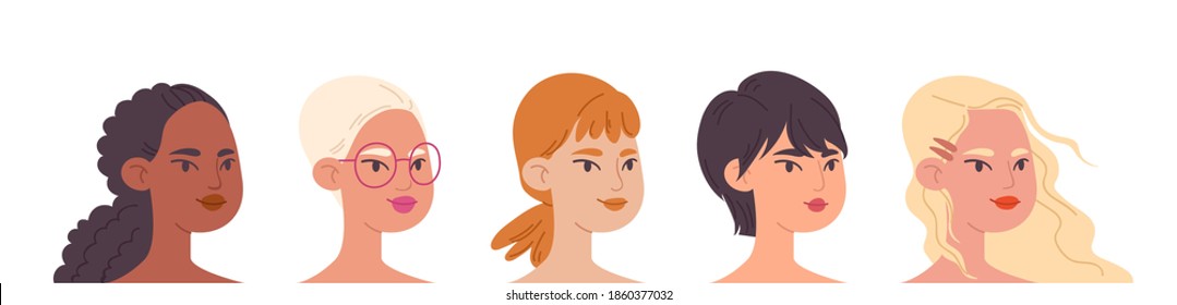 Multicultural female faces. Close-up women of different cultures. Diverse types of female appearance, hair and skin color. Vector stock avatars isolated on white background in cartoon style.