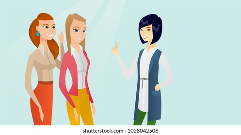 Amigos femeninas multiculturales compartiendo chismes. Joven blanca caucásica escudando la boca y susurrando un chisme a su amiga. Chicas discutiendo rumores. Ilustración de dibujos animados. Diseño horizontal