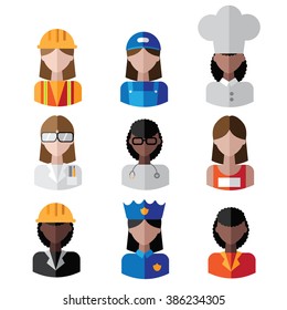 Multicultural female professions icon set. EPS 10 vector.