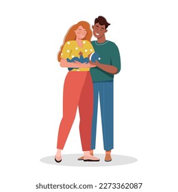 Multicultural foster family with a child. Young couple embrace their cute baby boy. Man and woman hug their toddler with love and care. Adoption and parenthood concept. Vector isolated illustration