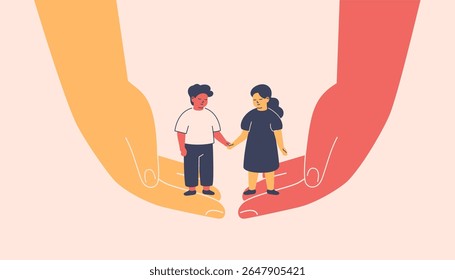 multicultural friendship between children. international education. girl and boy hold hands and adults support them. Care, help, love concept. vector illustration