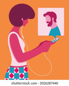 Multicultural friendship where young cheerful African American woman talks on smartphone with bearded man. Cartoon profile portrait of woman with mobile and earphones.