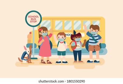 Multicultural Girls and Boys are Preparing and Wearing Face Masks to Take School Bus to School, Vector, Illustration