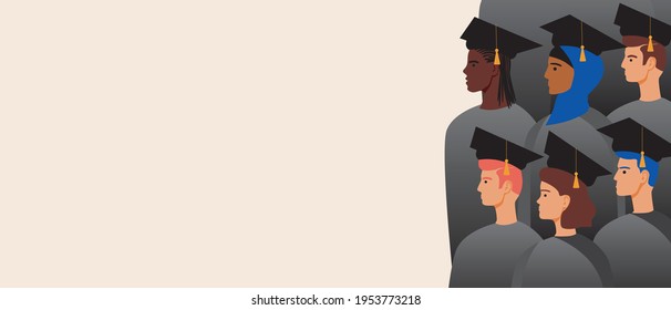 Multicultural graduates as a copy space template. Flat vector stock illustration. Afro, islamic people at the prom. Multicultural education concept. High school graduates. Illustration for design