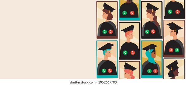 Multicultural graduates online. Flat vector stock illustration. Online or web graduation. Smartphone for the ceremony online. Copy space template. Illustration for design