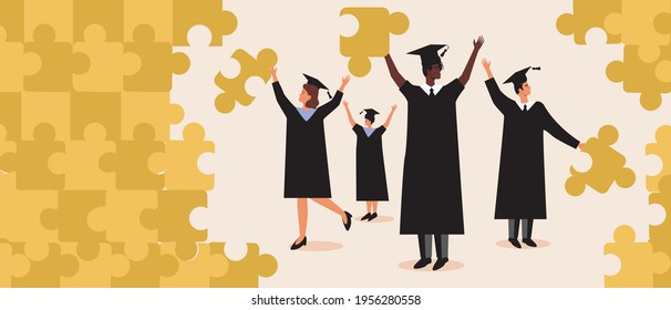 Multicultural graduates with a puzzle. Flat vector stock illustration. Template with copy space for design. Young people in science. Multicultural education. Vector graphics