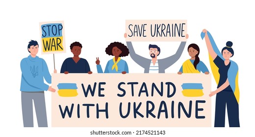 Eine multikulturelle Gruppe von Aktivisten, die ein Banner hochhalten, unterstützt die Ukraine. Demonstranten, ein Anti-Krieg-Protest. Eine friedliche Demonstration, um den Krieg zu beenden. Vektorflache Illustration.