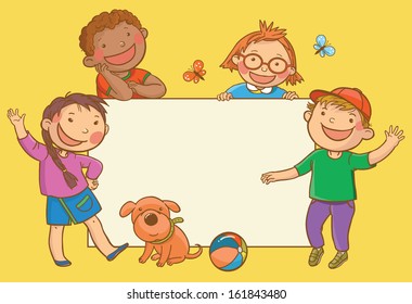 Multicultural Group of Children Frame. Isolated objects on yellow background. Great illustration for a school books, magazines, advertising  and more. VECTOR. Editorial. Education. Advertising. Board.