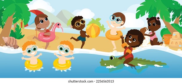 A multicultural group of children have fun and play on a tropical beach and swim in swimming circles. Cute kids on a water scooter and an inflatable crocodile, and the twins in inflatable circles. 