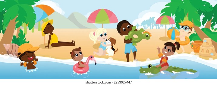 A multicultural group of children play on the beach, frolic with a dog, swim in inflatable rings and inflatable sleeves and sunbathe. Children are happy and cheerful.
Horizontal banner.