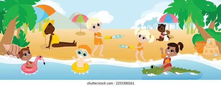 Eine multikulturelle Gruppe von Kindern spielt am Strand, schwimmt in aufblasbaren Ringen und einem aufblasbaren Krokodil und Armbänder und schießt sich mit Wasserpistolen gegenseitig. 
Horizontales Banner im Cartoon-Stil.