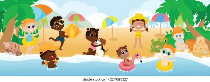 A multicultural group of children playing with a ball and playing with a dog on the seashore, swimming in inflatable circles and inflatable armlets and sunbathing. Children are happy and cheerful.